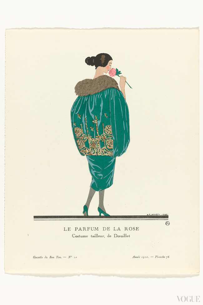 Woman dressed in a green velvet evening suit, with golden embroidery and fur collar, by couturier Doeuillet, Gazette du Bon Ton, 1920