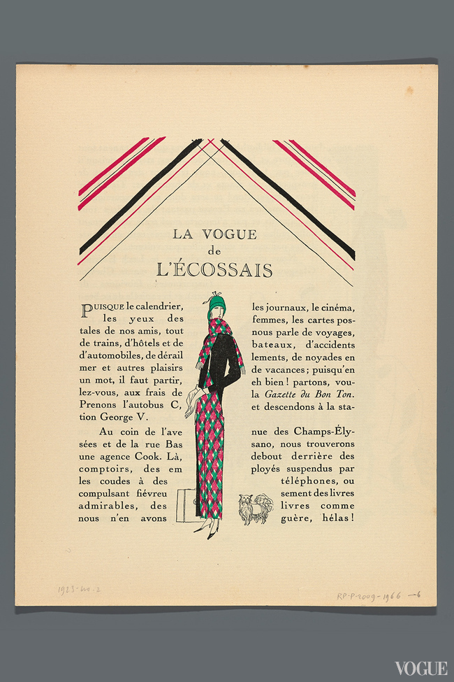 A page on Scottish fashion from the 1923 La Gazette du Bon Ton. Art – Modes & Frivolit?s Lucien Vogel, Imprimerie Studium