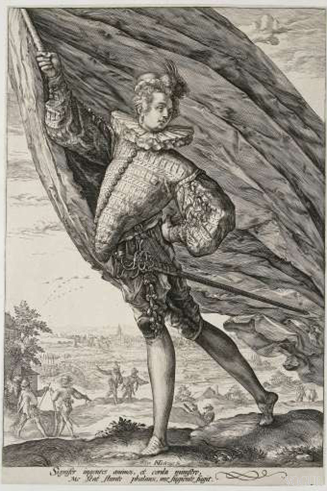Standard bearer with breastplate to insinuate good posture, 1587, engraving