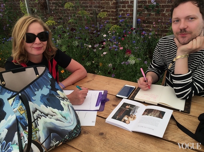 Sarah Mower and Alexander Fury planning the mediaeval fashion show at Port Eliot