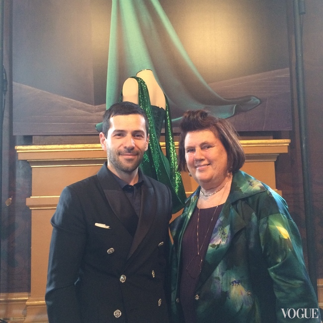 Suzy Menkes with Alexis Mabille at his fashion display in Paris at the Palais Garnier, July 2015