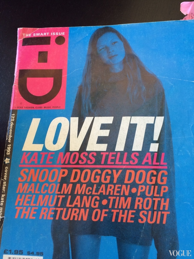 What is Paulo holding? The couple’s great inspiration for their kind of Nineties grunge with a twist. It’s little Kate Moss on the cover of <i-D> magazine, photographed by Corrine Day back in 1993…