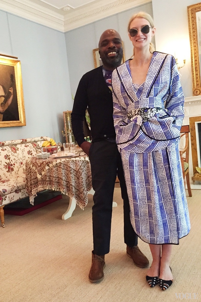 Duro Olowu and a model at his spring/summer 2016 presentation, held in a private home in London