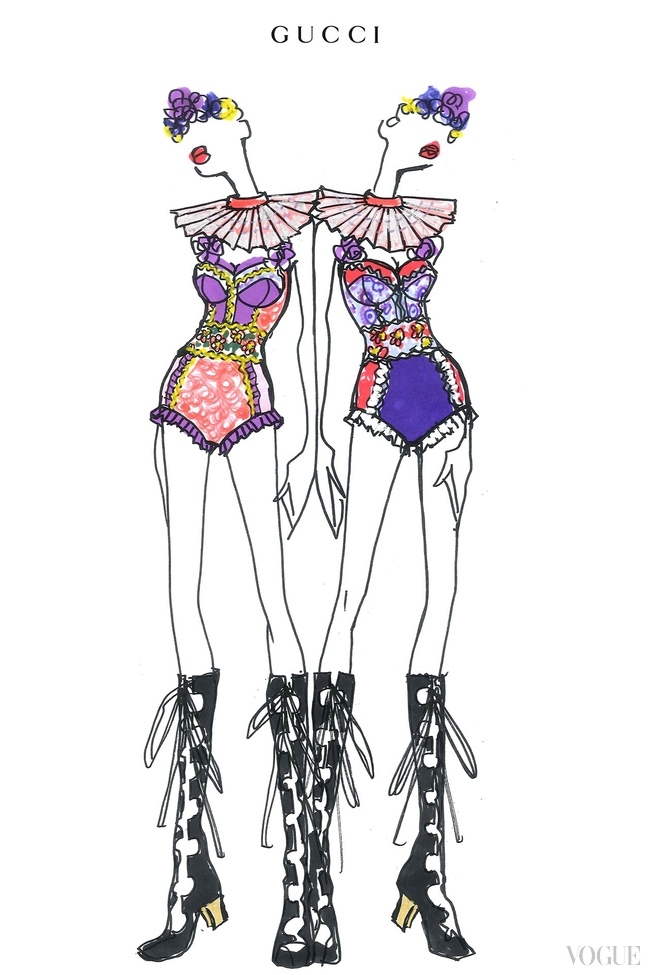 Alessandro Michele's costume sketch for the "Rebel Heart" tour