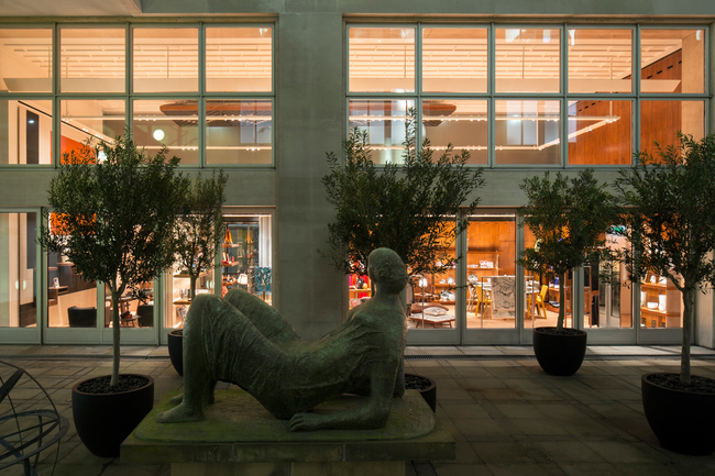 A reclining Henry Moore figure sits on the patio of the refurbished Herm?s New Bond Street store