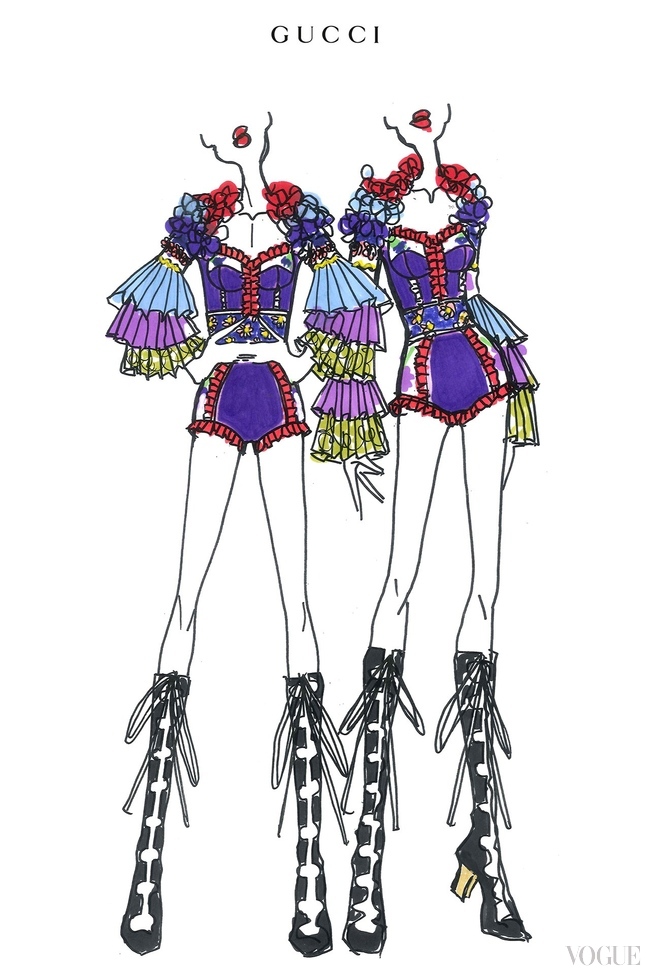 An Alessandro Michele sketch for the backing dancers on Madonna's "Rebel Heart" tour