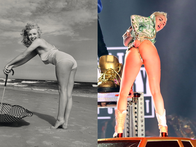 Left, Lot 31. Andr? de Dienes (1913-1985). Marilyn Monroe, Tobey Beach, 1949. Starting bid: ?1,400 / Right:  Miley Cyrus performs her notorious twerking moves