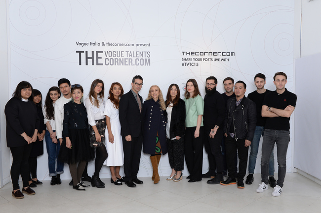 Twelve designers with Jonathan Newhouse and Franca Sozzani at The Vogue Talents Corner.com presentation during Milan Fashion week in February