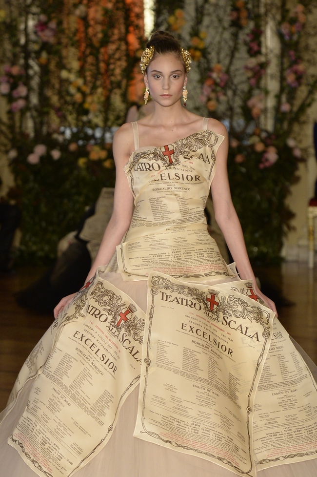 A dress decorated with La Scala’s signature posters, Dolce & Gabbana Alta Moda 
