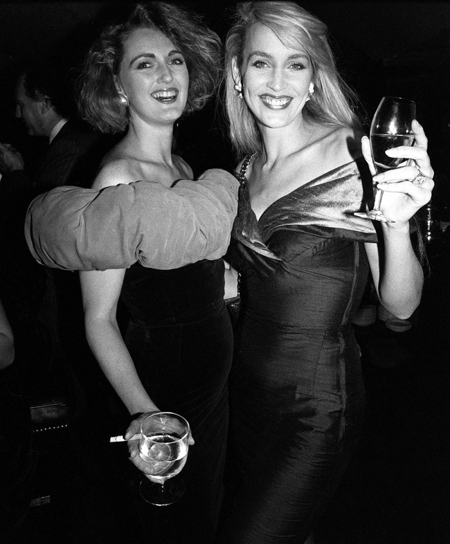 Francesca Von Thyssen and Jerry Hall at a Valentino party, Annabel’s, 1987