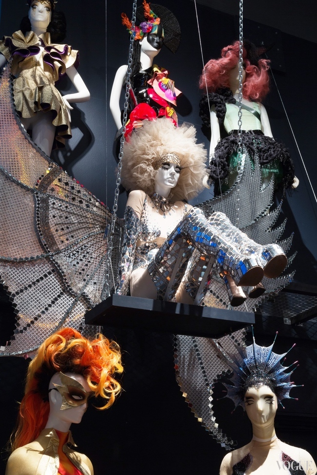 A mirror ensemble by Mathu Zaldy among classic Bartsch outfits at the exhibition, "Fashion Underground: The World of Susanne Bartsch" at the FIT, New York.
