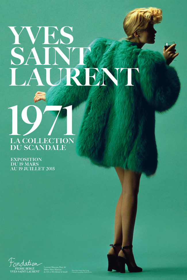 Exhibition poster with YLS’s green fox coat worn by Willy Van Rooy, Couture collection spring-summer 1971