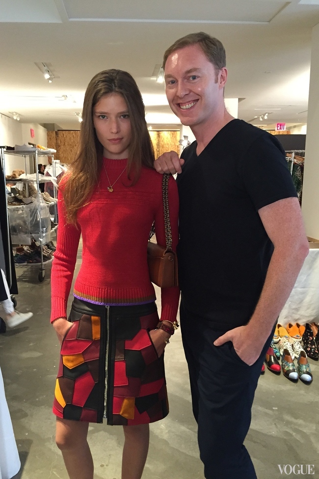 Stuart Vevers with a model from his spring-summer 2016 show in New York