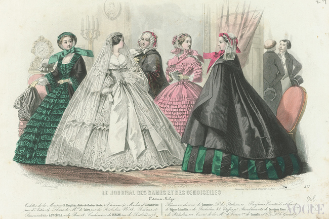 Five women, one of them in a wedding dress. In the background are two men in conversation from Le Journal des Dames and Demoiselles, October 1859
Engraving hand colors. Bonnard, J. David, Jules (1808-1892) Lamoureux
