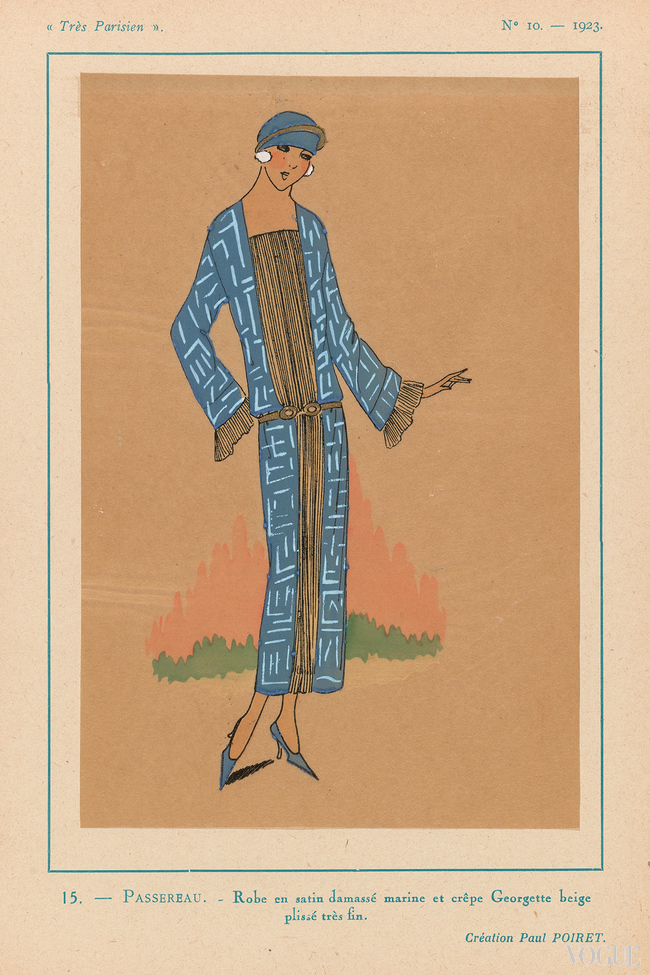 Navy blue damass? satin dress with finely pleated beige cr?pe georgette designed by Paul Poiret from Tr?s Parisien, 1923. Brush in gold gouache and stencil printing hand coloured and zincography