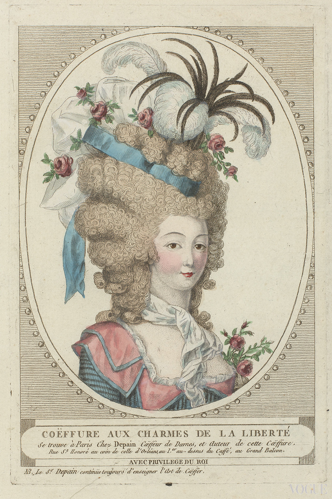 Woman with frizzy hair clipped up high where a cap sits with ribbons, roses and various types of springs by French hairdresser Depain. The bodice has a low neckline, a double collar and a scarf round the neck. Part of the series, Coiffures de Depain, 1790. Troisi?me suite de la p?riode r?volutionnaire. Etching, engraving (printing process) hand colours
